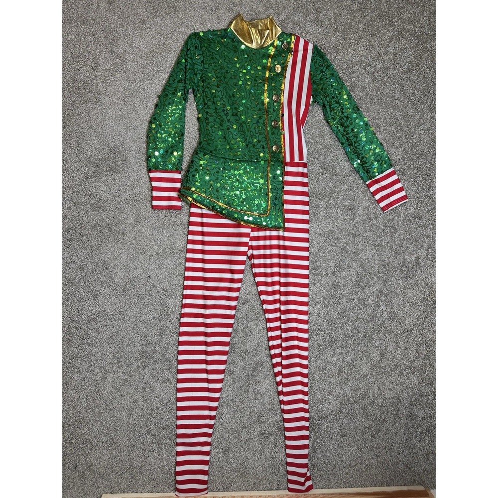 Art Stone LC Christmas Elf Dance Costume Green Sequin Candy Cane Unitard